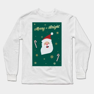 Merry & Bright Christmas Santa with Candy Cane and Snowflakes Long Sleeve T-Shirt